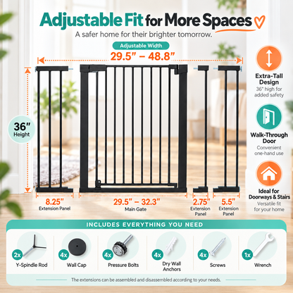 36" Extra Tall Baby & Pet Safety Gate – Auto-Close, Double Lock & Adjustable 29.5"–48.8"