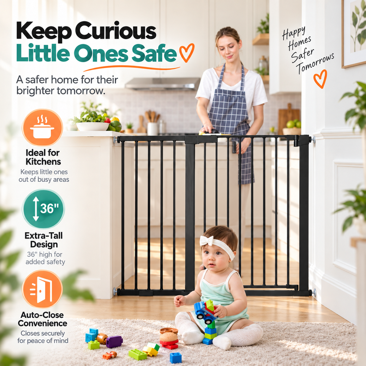 36" Extra Tall Baby & Pet Safety Gate – Auto-Close, Double Lock & Adjustable 29.5"–48.8"