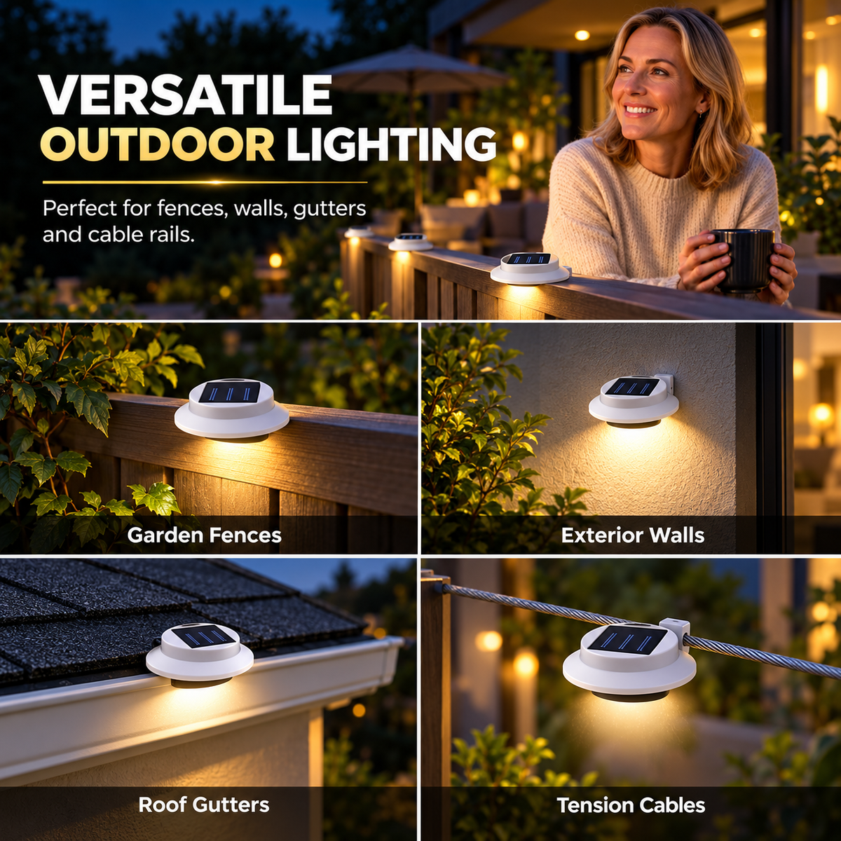 Solar Fence Lights – Waterproof Dusk-to-Dawn Outdoor Lights for Deck, Garden & Railing 3-Pack