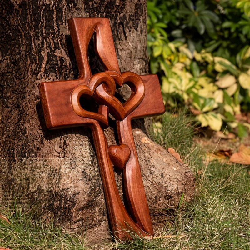 ❤️100% Hand-Carved Intertwined Hearts Walnut Wooden Cross