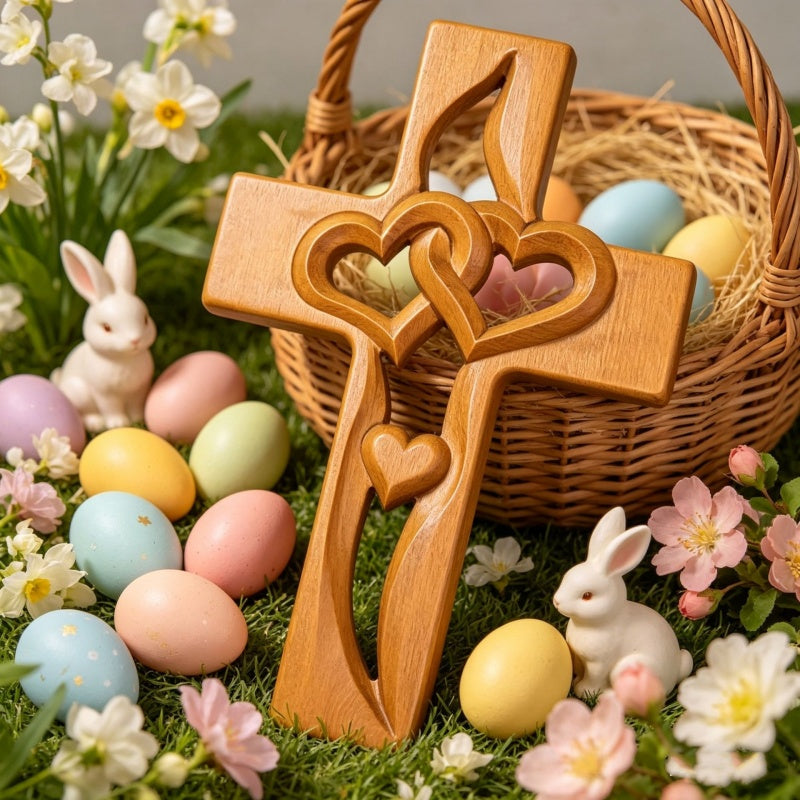 ❤️100% Hand-Carved Intertwined Hearts Walnut Wooden Cross