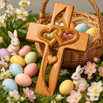❤️100% Hand-Carved Intertwined Hearts Walnut Wooden Cross