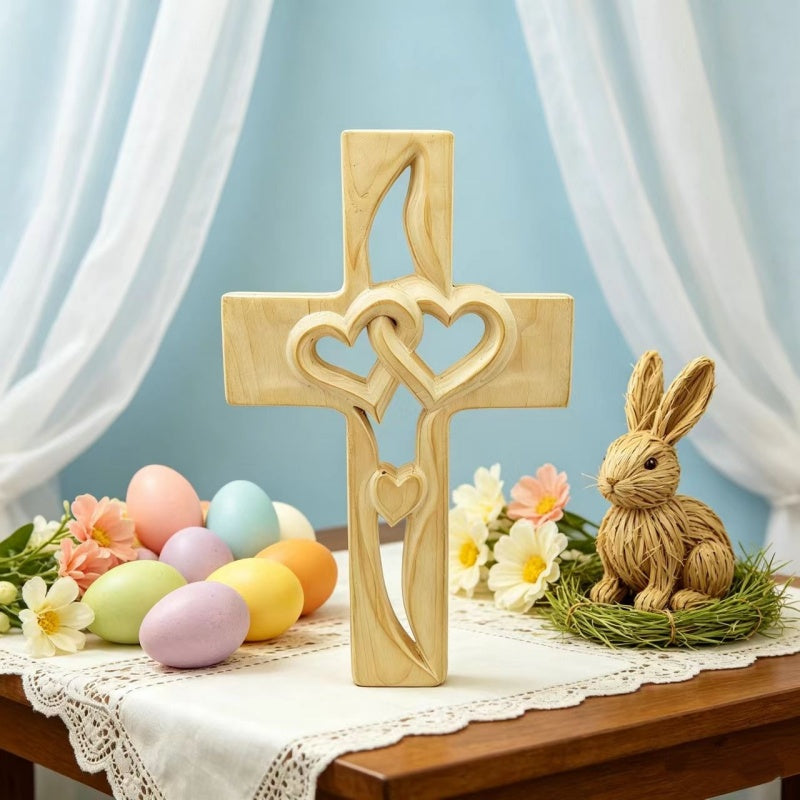 ❤️100% Hand-Carved Intertwined Hearts Walnut Wooden Cross