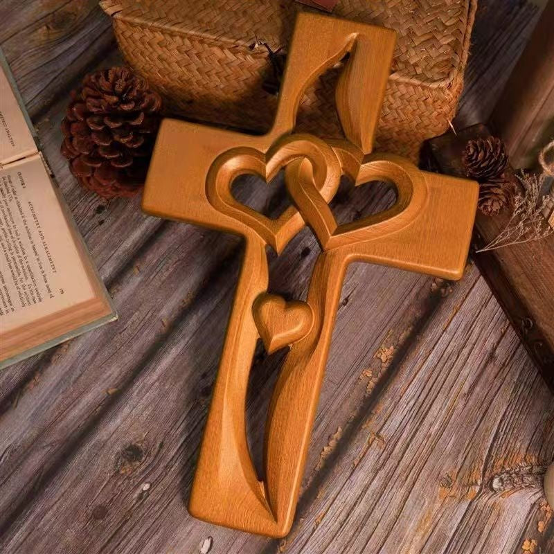 ❤️100% Hand-Carved Intertwined Hearts Walnut Wooden Cross