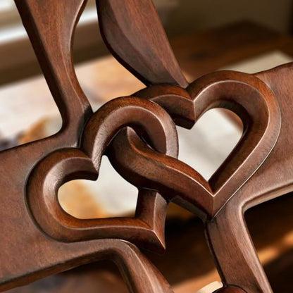 ❤️100% Hand-Carved Intertwined Hearts Walnut Wooden Cross