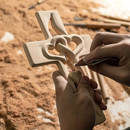 ❤️100% Hand-Carved Intertwined Hearts Walnut Wooden Cross