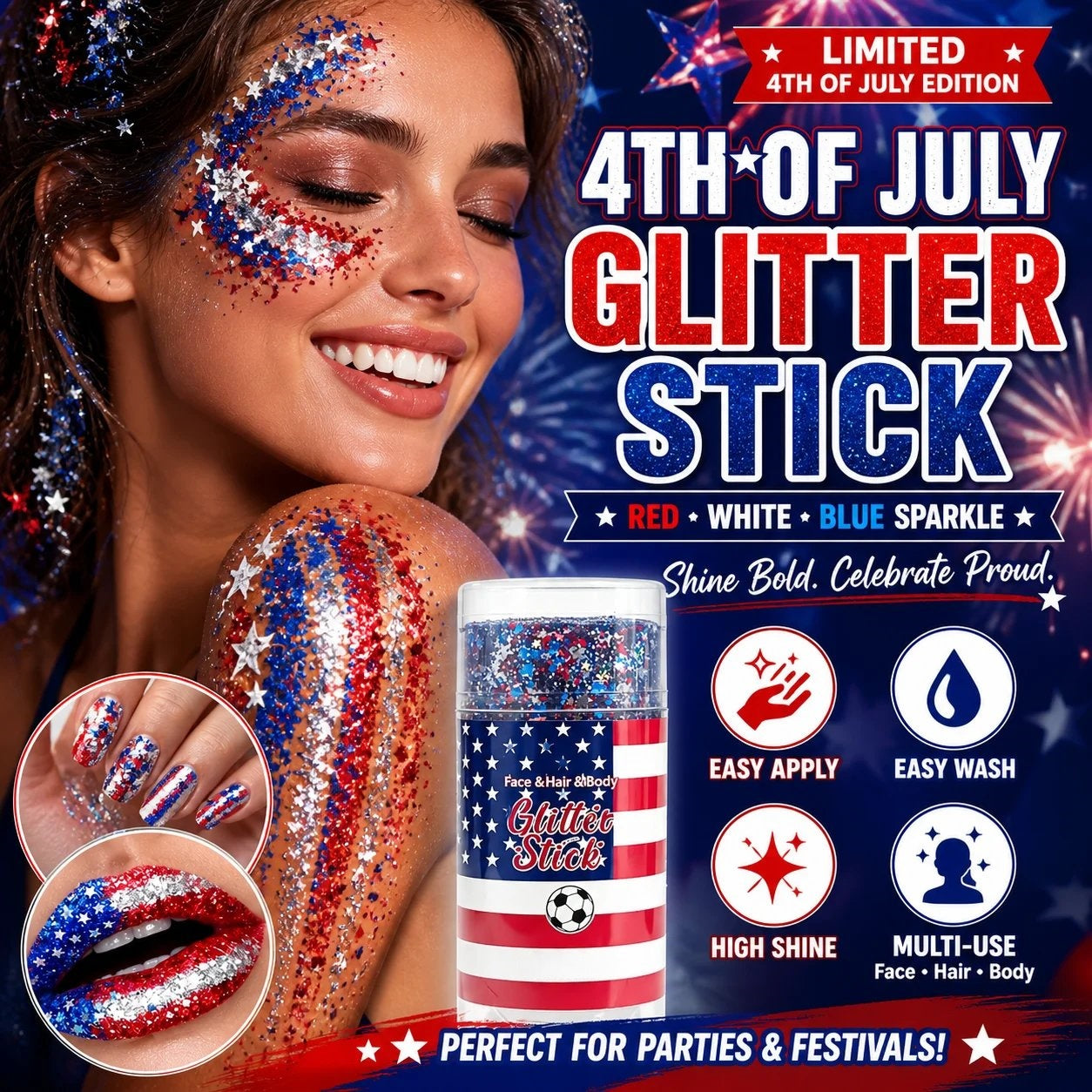 4th of July Glitter Stick – Red, White & Blue Body & Hair Sparkle