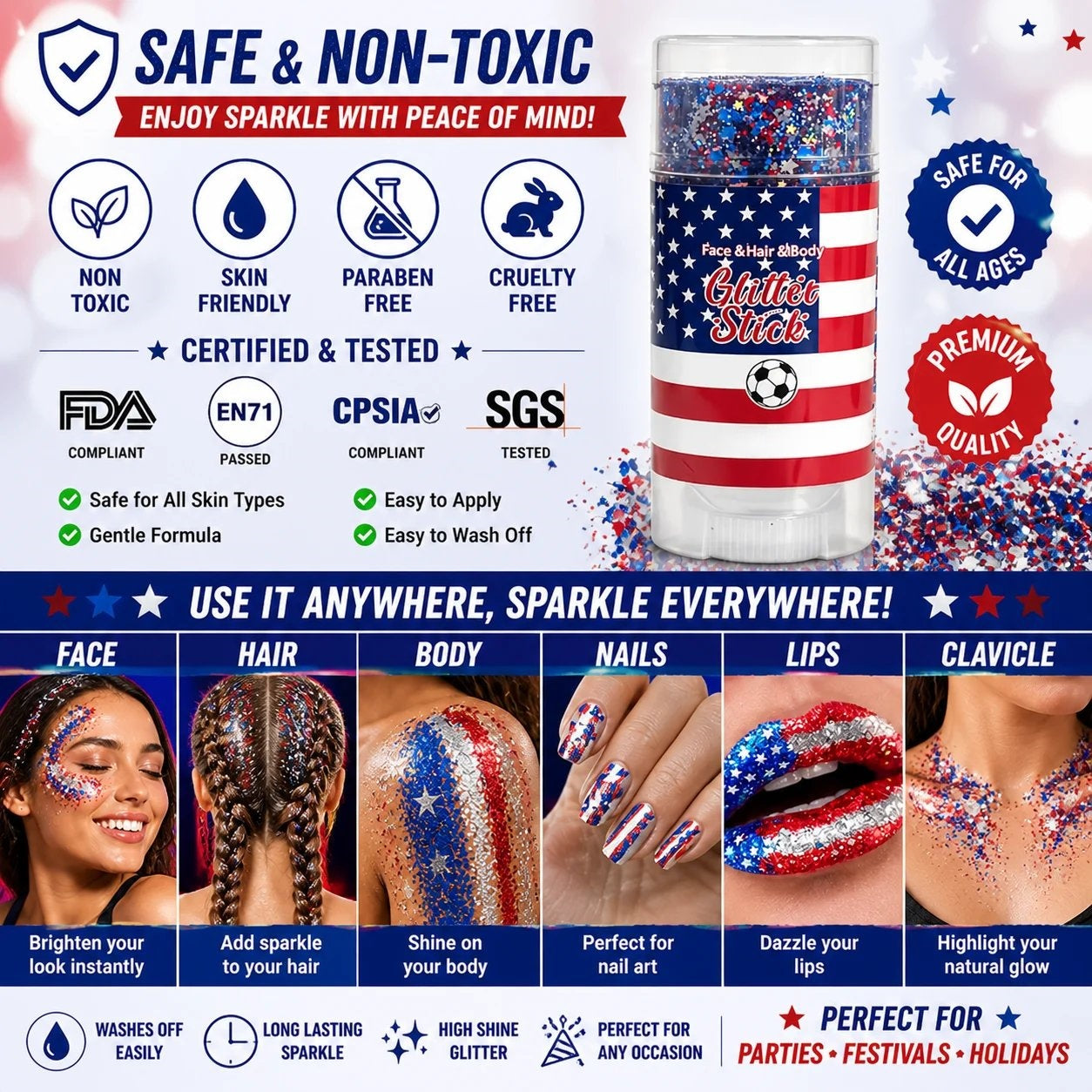 4th of July Glitter Stick – Red, White & Blue Body & Hair Sparkle