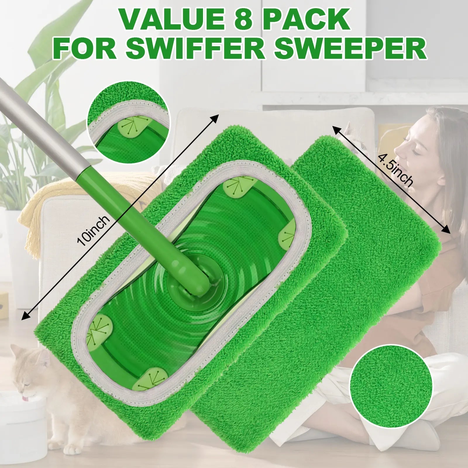 8 pcs Reusable Microfiber Mop Pads for Flat Mop – Wet & Dry Cleaning Refills