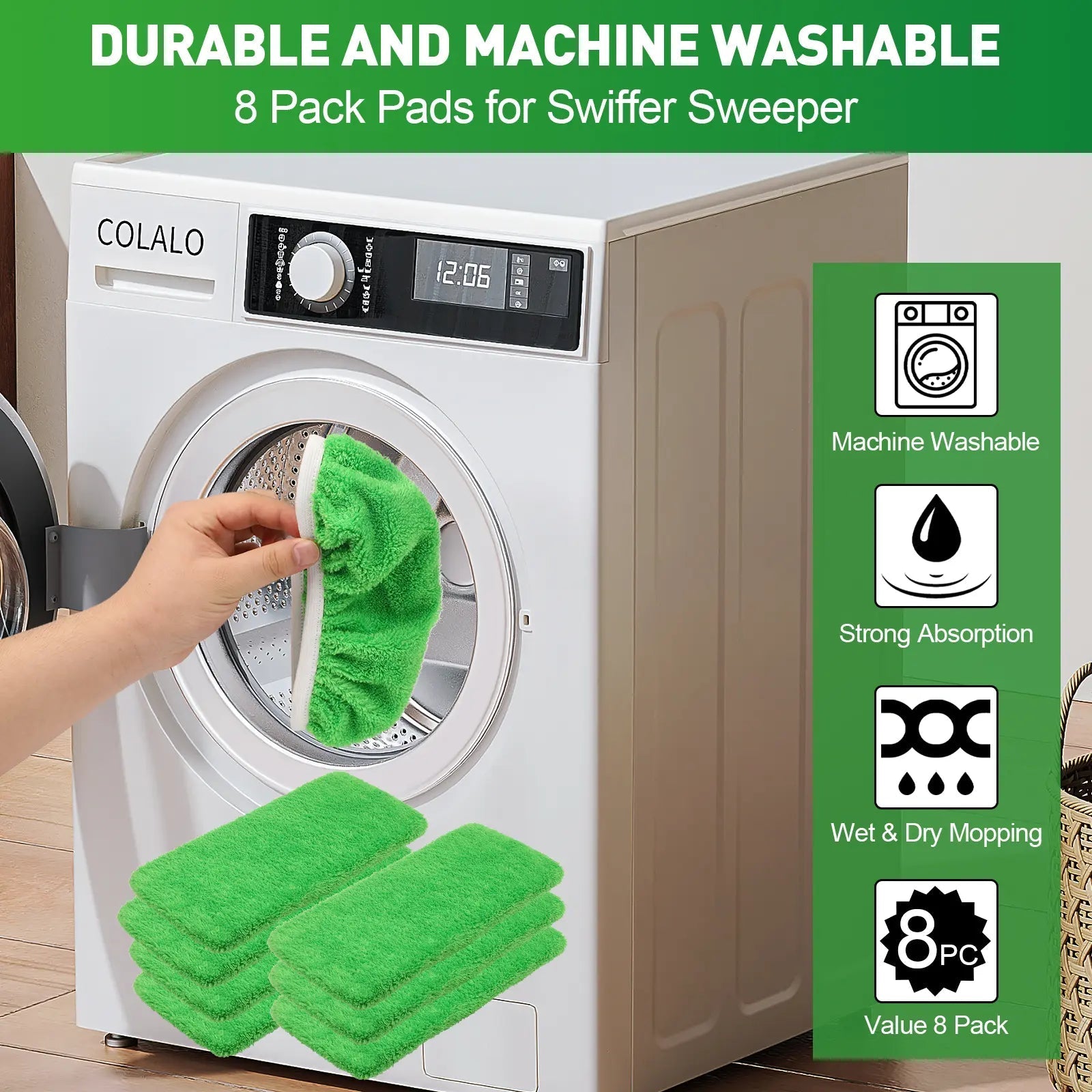 8 pcs Reusable Microfiber Mop Pads for Flat Mop – Wet & Dry Cleaning Refills